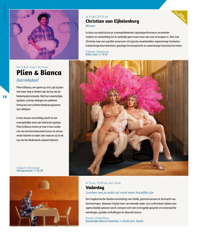 Ron van Noord — Grafisch ontwerp, DTP, Visuele campagnes, Visual design, Content + campagnes — Theater De Kampanje — Theatergids 2025–2026 — Beeld: Magazinepagina 38 — Project: Een feestelijke jubileumeditie van de jaarlijkse theatergids, met Jochem Myjer op de cover en 10 jaar De…