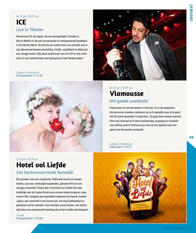 Ron van Noord — Grafisch ontwerp, DTP, Visuele campagnes, Visual design, Content + campagnes — Theater De Kampanje — Theatergids 2025–2026 — Beeld: Magazinepagina 39 — Project: Een feestelijke jubileumeditie van de jaarlijkse theatergids, met Jochem Myjer op de cover en 10 jaar De…