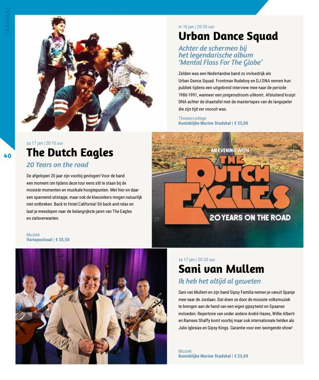 Ron van Noord — Grafisch ontwerp, DTP, Visuele campagnes, Visual design, Content + campagnes — Theater De Kampanje — Theatergids 2025–2026 — Beeld: Magazinepagina 40 — Project: Een feestelijke jubileumeditie van de jaarlijkse theatergids, met Jochem Myjer op de cover en 10 jaar De…
