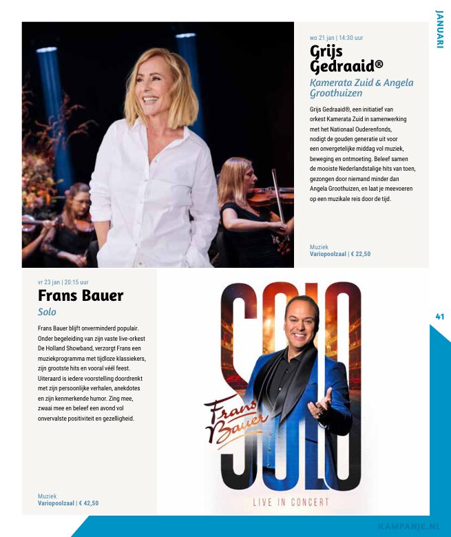 Ron van Noord — Grafisch ontwerp, DTP, Visuele campagnes, Visual design, Content + campagnes — Theater De Kampanje — Theatergids 2025–2026 — Beeld: Magazinepagina 41 — Project: Een feestelijke jubileumeditie van de jaarlijkse theatergids, met Jochem Myjer op de cover en 10 jaar De…