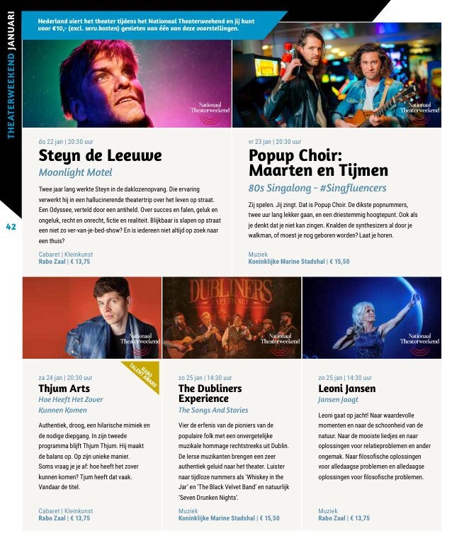 Ron van Noord — Grafisch ontwerp, DTP, Visuele campagnes, Visual design, Content + campagnes — Theater De Kampanje — Theatergids 2025–2026 — Beeld: Magazinepagina 42 — Project: Een feestelijke jubileumeditie van de jaarlijkse theatergids, met Jochem Myjer op de cover en 10 jaar De…