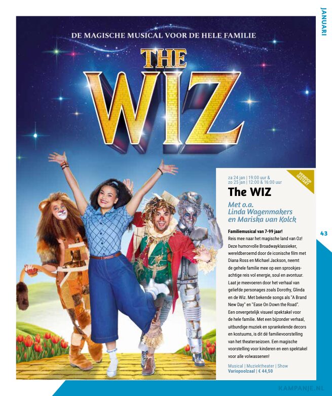 Ron van Noord — Grafisch ontwerp, DTP, Visuele campagnes, Visual design, Content + campagnes — Theater De Kampanje — Theatergids 2025–2026 — Beeld: Magazinepagina 43 — Project: Een feestelijke jubileumeditie van de jaarlijkse theatergids, met Jochem Myjer op de cover en 10 jaar De…