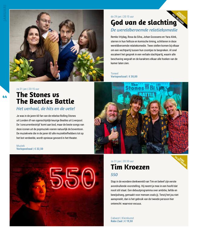 Ron van Noord — Grafisch ontwerp, DTP, Visuele campagnes, Visual design, Content + campagnes — Theater De Kampanje — Theatergids 2025–2026 — Beeld: Magazinepagina 44 — Project: Een feestelijke jubileumeditie van de jaarlijkse theatergids, met Jochem Myjer op de cover en 10 jaar De…