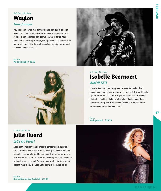 Ron van Noord — Grafisch ontwerp, DTP, Visuele campagnes, Visual design, Content + campagnes — Theater De Kampanje — Theatergids 2025–2026 — Beeld: Magazinepagina 47 — Project: Een feestelijke jubileumeditie van de jaarlijkse theatergids, met Jochem Myjer op de cover en 10 jaar De…