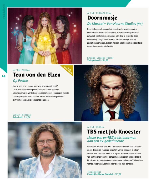 Ron van Noord — Grafisch ontwerp, DTP, Visuele campagnes, Visual design, Content + campagnes — Theater De Kampanje — Theatergids 2025–2026 — Beeld: Magazinepagina 48 — Project: Een feestelijke jubileumeditie van de jaarlijkse theatergids, met Jochem Myjer op de cover en 10 jaar De…