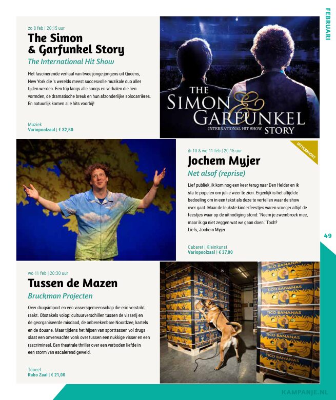 Ron van Noord — Grafisch ontwerp, DTP, Visuele campagnes, Visual design, Content + campagnes — Theater De Kampanje — Theatergids 2025–2026 — Beeld: Magazinepagina 49 — Project: Een feestelijke jubileumeditie van de jaarlijkse theatergids, met Jochem Myjer op de cover en 10 jaar De…