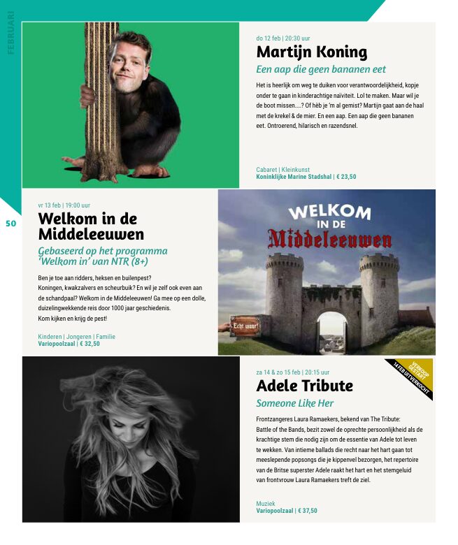 Ron van Noord — Grafisch ontwerp, DTP, Visuele campagnes, Visual design, Content + campagnes — Theater De Kampanje — Theatergids 2025–2026 — Beeld: Magazinepagina 50 — Project: Een feestelijke jubileumeditie van de jaarlijkse theatergids, met Jochem Myjer op de cover en 10 jaar De…