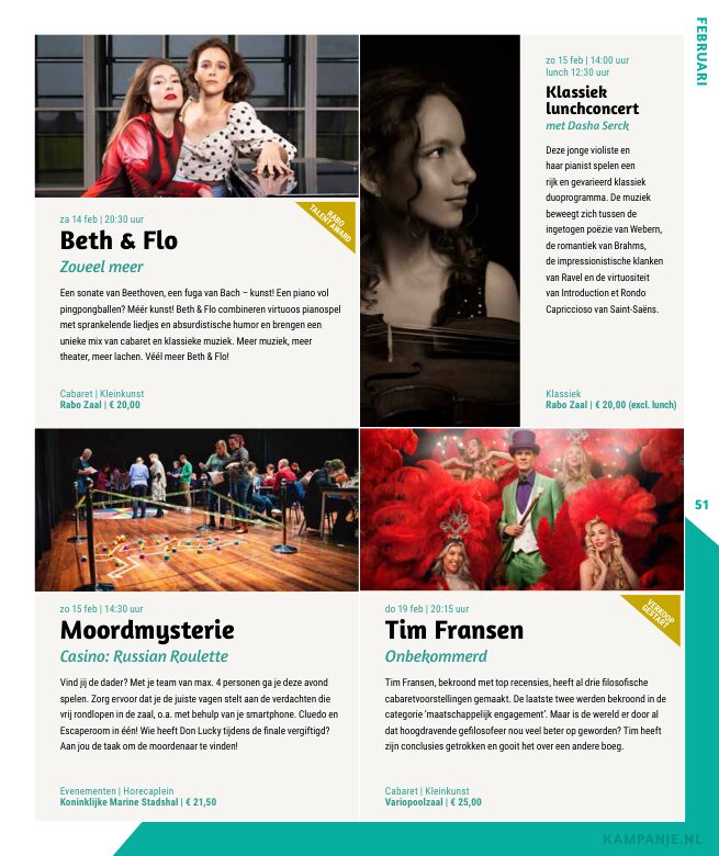 Ron van Noord — Grafisch ontwerp, DTP, Visuele campagnes, Visual design, Content + campagnes — Theater De Kampanje — Theatergids 2025–2026 — Beeld: Magazinepagina 51 — Project: Een feestelijke jubileumeditie van de jaarlijkse theatergids, met Jochem Myjer op de cover en 10 jaar De…