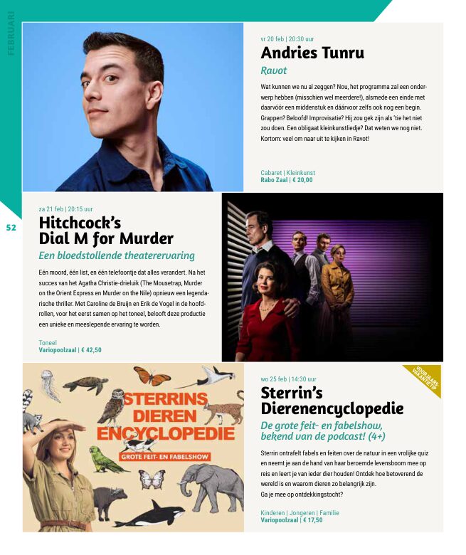 Ron van Noord — Grafisch ontwerp, DTP, Visuele campagnes, Visual design, Content + campagnes — Theater De Kampanje — Theatergids 2025–2026 — Beeld: Magazinepagina 52 — Project: Een feestelijke jubileumeditie van de jaarlijkse theatergids, met Jochem Myjer op de cover en 10 jaar De…