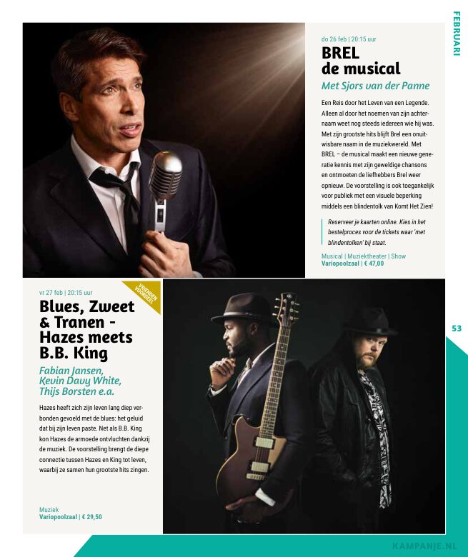 Ron van Noord — Grafisch ontwerp, DTP, Visuele campagnes, Visual design, Content + campagnes — Theater De Kampanje — Theatergids 2025–2026 — Beeld: Magazinepagina 53 — Project: Een feestelijke jubileumeditie van de jaarlijkse theatergids, met Jochem Myjer op de cover en 10 jaar De…