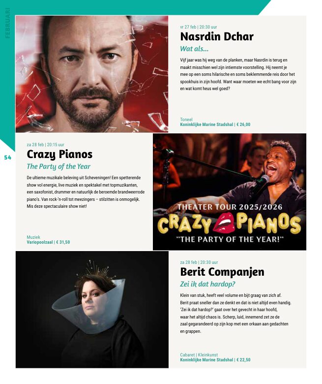 Ron van Noord — Grafisch ontwerp, DTP, Visuele campagnes, Visual design, Content + campagnes — Theater De Kampanje — Theatergids 2025–2026 — Beeld: Magazinepagina 54 — Project: Een feestelijke jubileumeditie van de jaarlijkse theatergids, met Jochem Myjer op de cover en 10 jaar De…