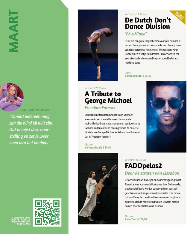 Ron van Noord — Grafisch ontwerp, DTP, Visuele campagnes, Visual design, Content + campagnes — Theater De Kampanje — Theatergids 2025–2026 — Beeld: Magazinepagina 56 — Project: Een feestelijke jubileumeditie van de jaarlijkse theatergids, met Jochem Myjer op de cover en 10 jaar De…