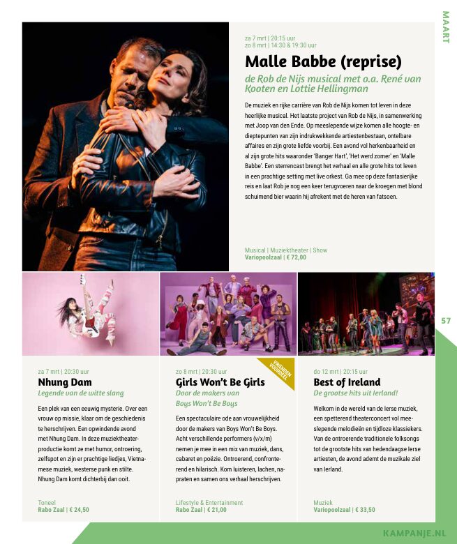 Ron van Noord — Grafisch ontwerp, DTP, Visuele campagnes, Visual design, Content + campagnes — Theater De Kampanje — Theatergids 2025–2026 — Beeld: Magazinepagina 57 — Project: Een feestelijke jubileumeditie van de jaarlijkse theatergids, met Jochem Myjer op de cover en 10 jaar De…