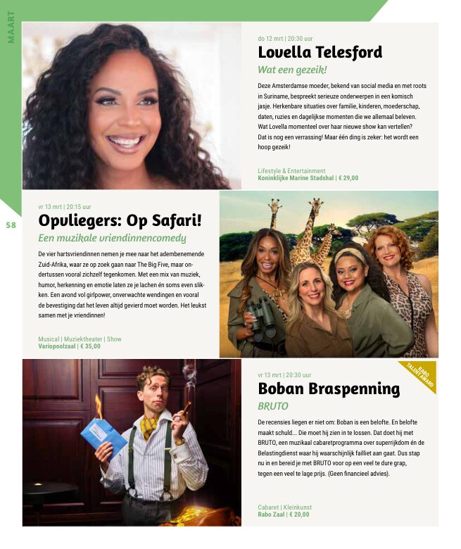 Ron van Noord — Grafisch ontwerp, DTP, Visuele campagnes, Visual design, Content + campagnes — Theater De Kampanje — Theatergids 2025–2026 — Beeld: Magazinepagina 58 — Project: Een feestelijke jubileumeditie van de jaarlijkse theatergids, met Jochem Myjer op de cover en 10 jaar De…