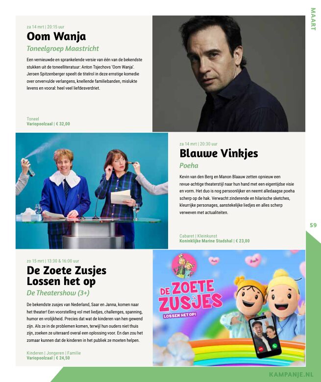 Ron van Noord — Grafisch ontwerp, DTP, Visuele campagnes, Visual design, Content + campagnes — Theater De Kampanje — Theatergids 2025–2026 — Beeld: Magazinepagina 59 — Project: Een feestelijke jubileumeditie van de jaarlijkse theatergids, met Jochem Myjer op de cover en 10 jaar De…