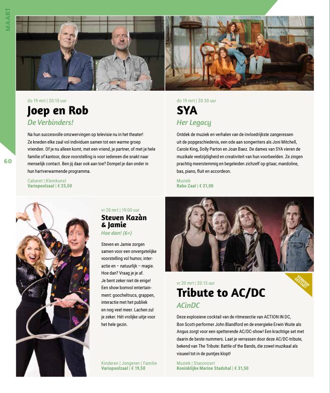 Ron van Noord — Grafisch ontwerp, DTP, Visuele campagnes, Visual design, Content + campagnes — Theater De Kampanje — Theatergids 2025–2026 — Beeld: Magazinepagina 60 — Project: Een feestelijke jubileumeditie van de jaarlijkse theatergids, met Jochem Myjer op de cover en 10 jaar De…