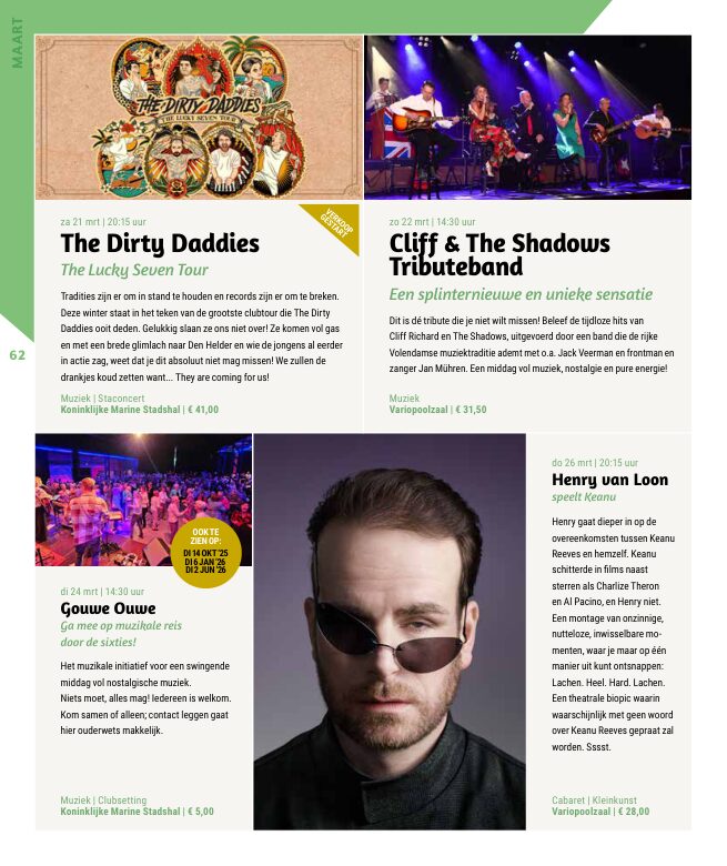 Ron van Noord — Grafisch ontwerp, DTP, Visuele campagnes, Visual design, Content + campagnes — Theater De Kampanje — Theatergids 2025–2026 — Beeld: Magazinepagina 62 — Project: Een feestelijke jubileumeditie van de jaarlijkse theatergids, met Jochem Myjer op de cover en 10 jaar De…