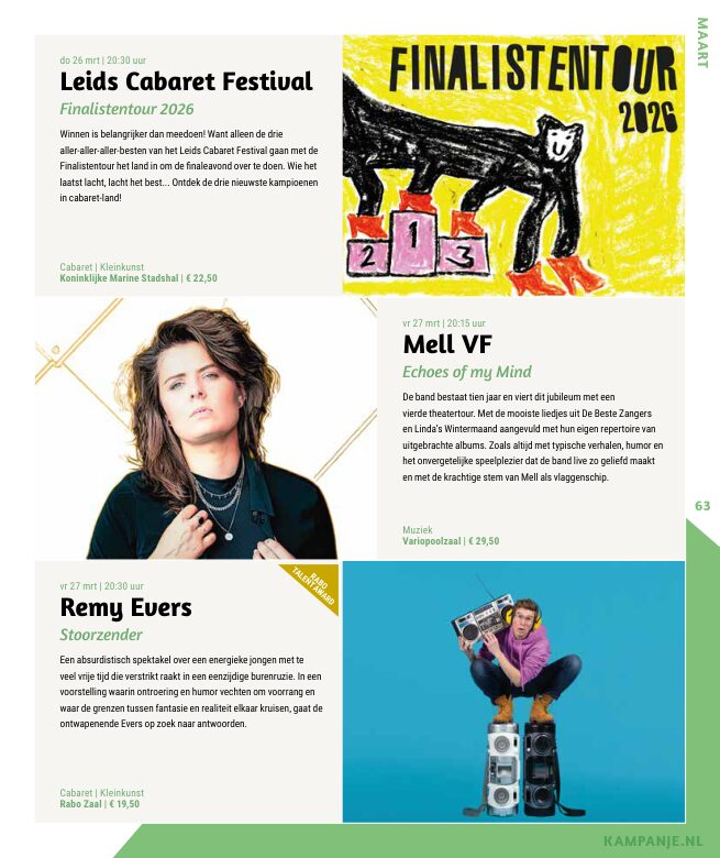 Ron van Noord — Grafisch ontwerp, DTP, Visuele campagnes, Visual design, Content + campagnes — Theater De Kampanje — Theatergids 2025–2026 — Beeld: Magazinepagina 63 — Project: Een feestelijke jubileumeditie van de jaarlijkse theatergids, met Jochem Myjer op de cover en 10 jaar De…