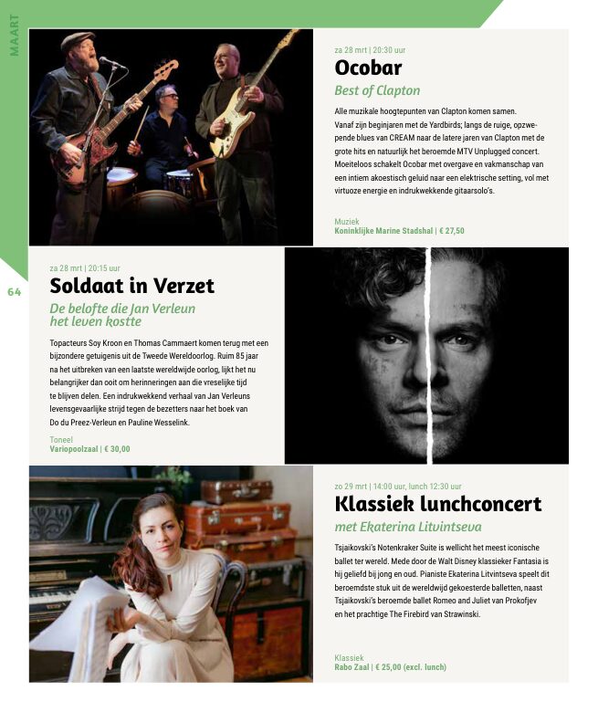 Ron van Noord — Grafisch ontwerp, DTP, Visuele campagnes, Visual design, Content + campagnes — Theater De Kampanje — Theatergids 2025–2026 — Beeld: Magazinepagina 64 — Project: Een feestelijke jubileumeditie van de jaarlijkse theatergids, met Jochem Myjer op de cover en 10 jaar De…