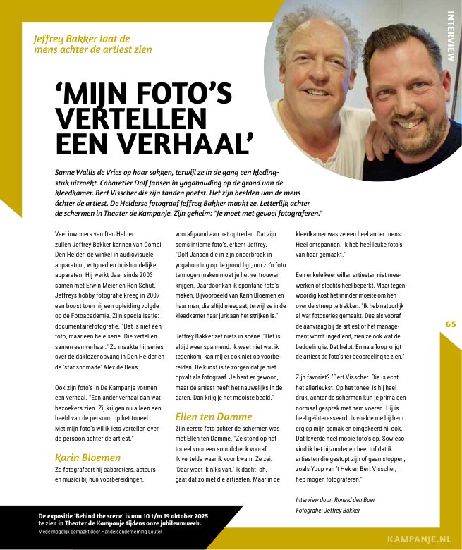 Ron van Noord — Grafisch ontwerp, DTP, Visuele campagnes, Visual design, Content + campagnes — Theater De Kampanje — Theatergids 2025–2026 — Beeld: Magazinepagina 65 — Project: Een feestelijke jubileumeditie van de jaarlijkse theatergids, met Jochem Myjer op de cover en 10 jaar De…