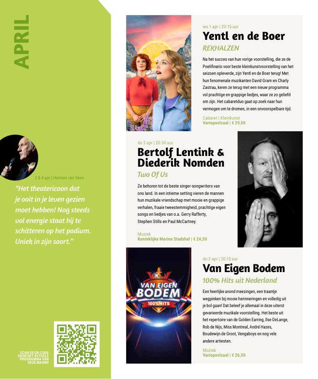 Ron van Noord — Grafisch ontwerp, DTP, Visuele campagnes, Visual design, Content + campagnes — Theater De Kampanje — Theatergids 2025–2026 — Beeld: Magazinepagina 66 — Project: Een feestelijke jubileumeditie van de jaarlijkse theatergids, met Jochem Myjer op de cover en 10 jaar De…