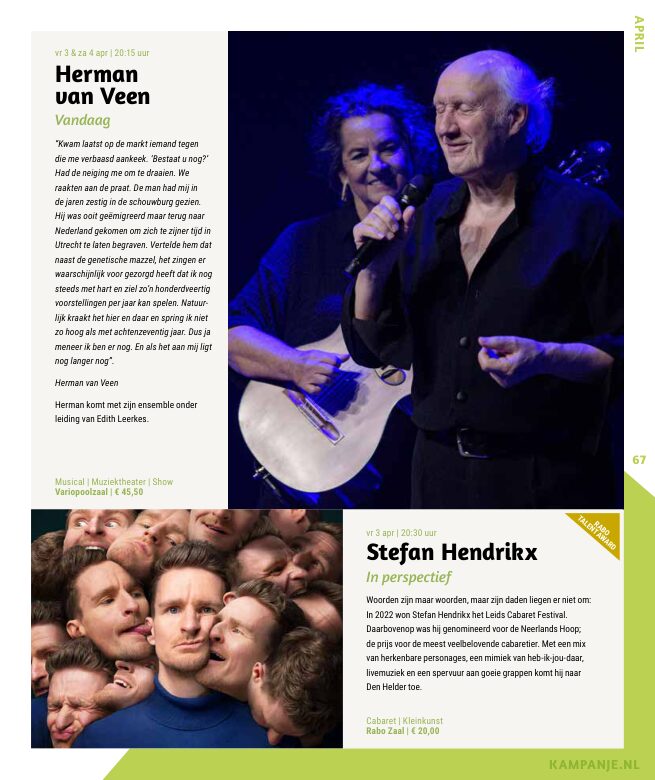 Ron van Noord — Grafisch ontwerp, DTP, Visuele campagnes, Visual design, Content + campagnes — Theater De Kampanje — Theatergids 2025–2026 — Beeld: Magazinepagina 67 — Project: Een feestelijke jubileumeditie van de jaarlijkse theatergids, met Jochem Myjer op de cover en 10 jaar De…