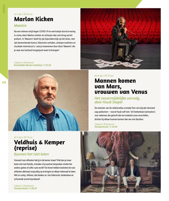 Ron van Noord — Grafisch ontwerp, DTP, Visuele campagnes, Visual design, Content + campagnes — Theater De Kampanje — Theatergids 2025–2026 — Beeld: Magazinepagina 68 — Project: Een feestelijke jubileumeditie van de jaarlijkse theatergids, met Jochem Myjer op de cover en 10 jaar De…