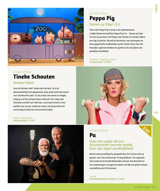 Ron van Noord — Grafisch ontwerp, DTP, Visuele campagnes, Visual design, Content + campagnes — Theater De Kampanje — Theatergids 2025–2026 — Beeld: Magazinepagina 69 — Project: Een feestelijke jubileumeditie van de jaarlijkse theatergids, met Jochem Myjer op de cover en 10 jaar De…