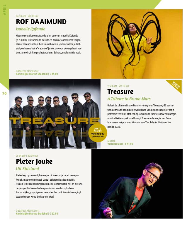 Ron van Noord — Grafisch ontwerp, DTP, Visuele campagnes, Visual design, Content + campagnes — Theater De Kampanje — Theatergids 2025–2026 — Beeld: Magazinepagina 70 — Project: Een feestelijke jubileumeditie van de jaarlijkse theatergids, met Jochem Myjer op de cover en 10 jaar De…