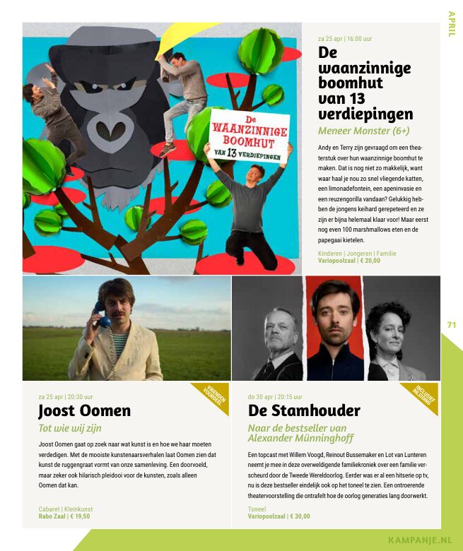 Ron van Noord — Grafisch ontwerp, DTP, Visuele campagnes, Visual design, Content + campagnes — Theater De Kampanje — Theatergids 2025–2026 — Beeld: Magazinepagina 71 — Project: Een feestelijke jubileumeditie van de jaarlijkse theatergids, met Jochem Myjer op de cover en 10 jaar De…