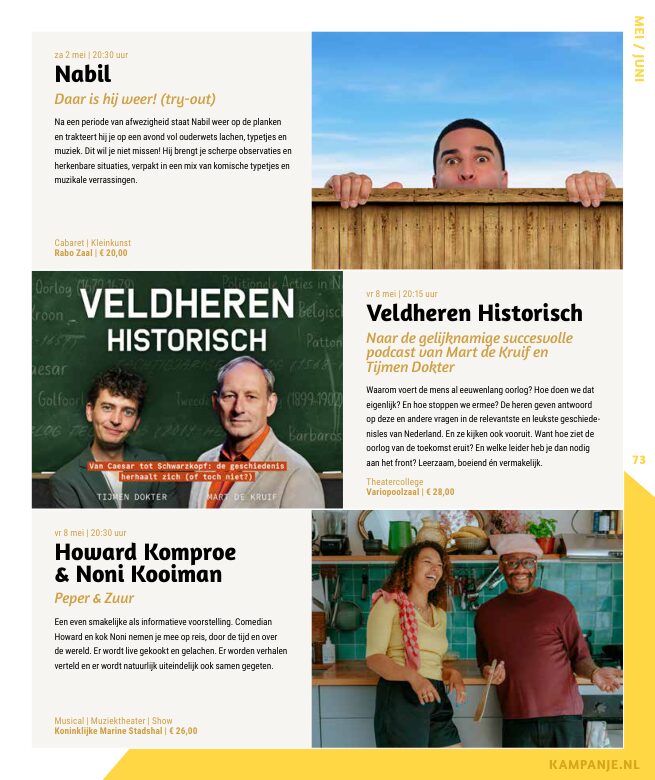 Ron van Noord — Grafisch ontwerp, DTP, Visuele campagnes, Visual design, Content + campagnes — Theater De Kampanje — Theatergids 2025–2026 — Beeld: Magazinepagina 73 — Project: Een feestelijke jubileumeditie van de jaarlijkse theatergids, met Jochem Myjer op de cover en 10 jaar De…