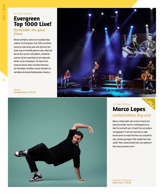 Ron van Noord — Grafisch ontwerp, DTP, Visuele campagnes, Visual design, Content + campagnes — Theater De Kampanje — Theatergids 2025–2026 — Beeld: Magazinepagina 74 — Project: Een feestelijke jubileumeditie van de jaarlijkse theatergids, met Jochem Myjer op de cover en 10 jaar De…