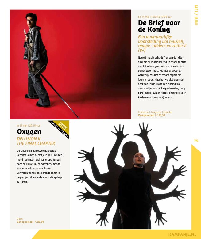 Ron van Noord — Grafisch ontwerp, DTP, Visuele campagnes, Visual design, Content + campagnes — Theater De Kampanje — Theatergids 2025–2026 — Beeld: Magazinepagina 75 — Project: Een feestelijke jubileumeditie van de jaarlijkse theatergids, met Jochem Myjer op de cover en 10 jaar De…