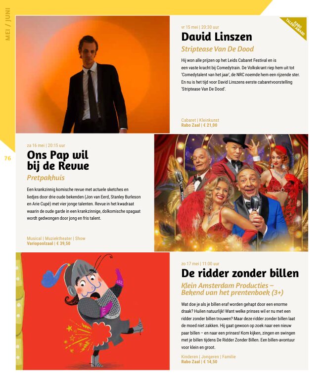 Ron van Noord — Grafisch ontwerp, DTP, Visuele campagnes, Visual design, Content + campagnes — Theater De Kampanje — Theatergids 2025–2026 — Beeld: Magazinepagina 76 — Project: Een feestelijke jubileumeditie van de jaarlijkse theatergids, met Jochem Myjer op de cover en 10 jaar De…