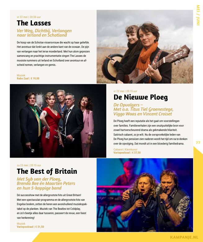 Ron van Noord — Grafisch ontwerp, DTP, Visuele campagnes, Visual design, Content + campagnes — Theater De Kampanje — Theatergids 2025–2026 — Beeld: Magazinepagina 77 — Project: Een feestelijke jubileumeditie van de jaarlijkse theatergids, met Jochem Myjer op de cover en 10 jaar De…