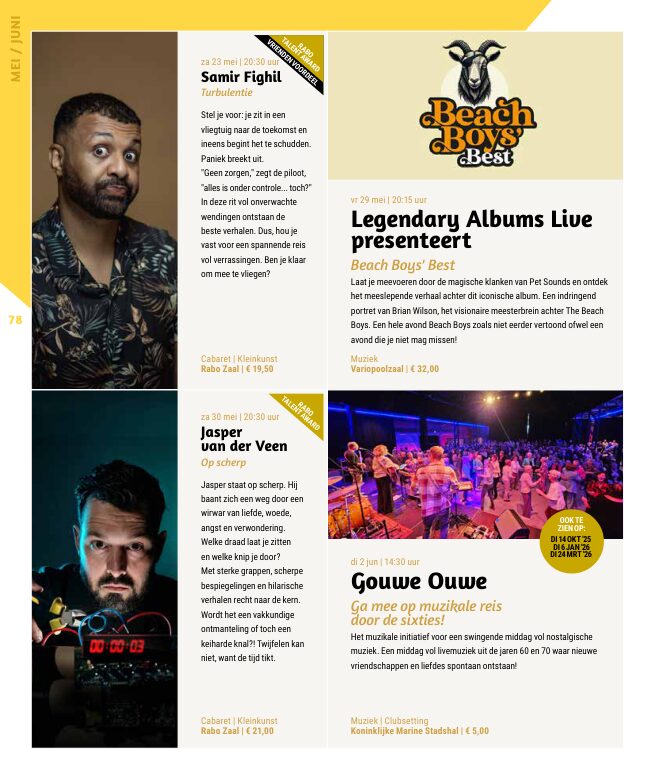 Ron van Noord — Grafisch ontwerp, DTP, Visuele campagnes, Visual design, Content + campagnes — Theater De Kampanje — Theatergids 2025–2026 — Beeld: Magazinepagina 78 — Project: Een feestelijke jubileumeditie van de jaarlijkse theatergids, met Jochem Myjer op de cover en 10 jaar De…
