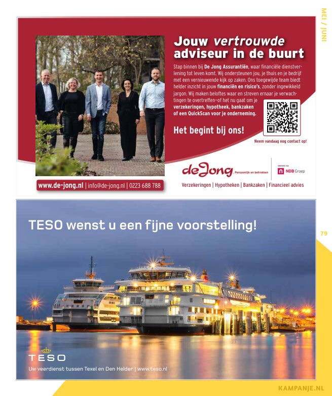 Ron van Noord — Grafisch ontwerp, DTP, Visuele campagnes, Visual design, Content + campagnes — Theater De Kampanje — Theatergids 2025–2026 — Beeld: Magazinepagina 79 — Project: Een feestelijke jubileumeditie van de jaarlijkse theatergids, met Jochem Myjer op de cover en 10 jaar De…