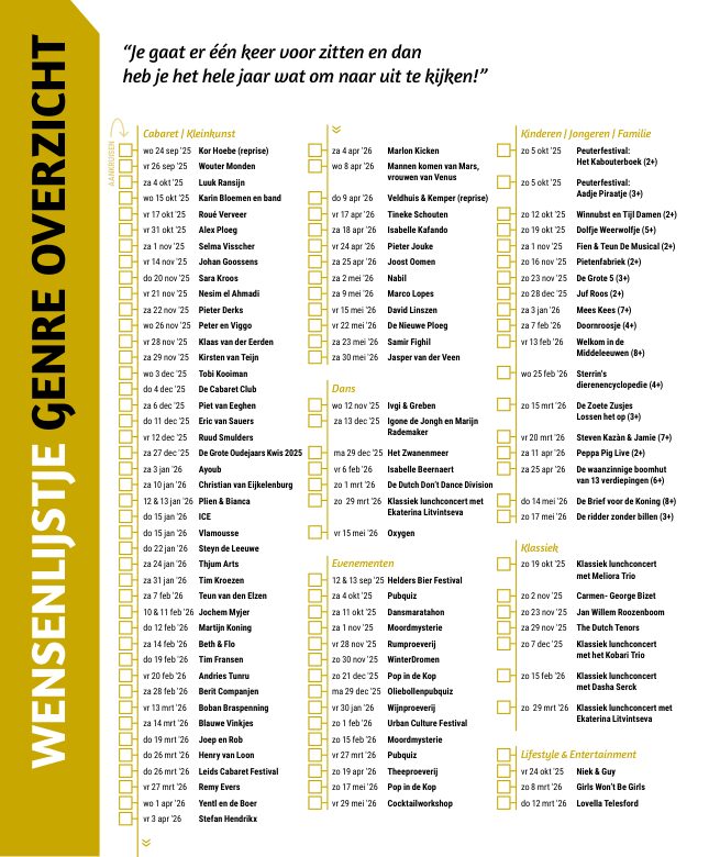Ron van Noord — Grafisch ontwerp, DTP, Visuele campagnes, Visual design, Content + campagnes — Theater De Kampanje — Theatergids 2025–2026 — Beeld: Magazinepagina 80 — Project: Een feestelijke jubileumeditie van de jaarlijkse theatergids, met Jochem Myjer op de cover en 10 jaar De…
