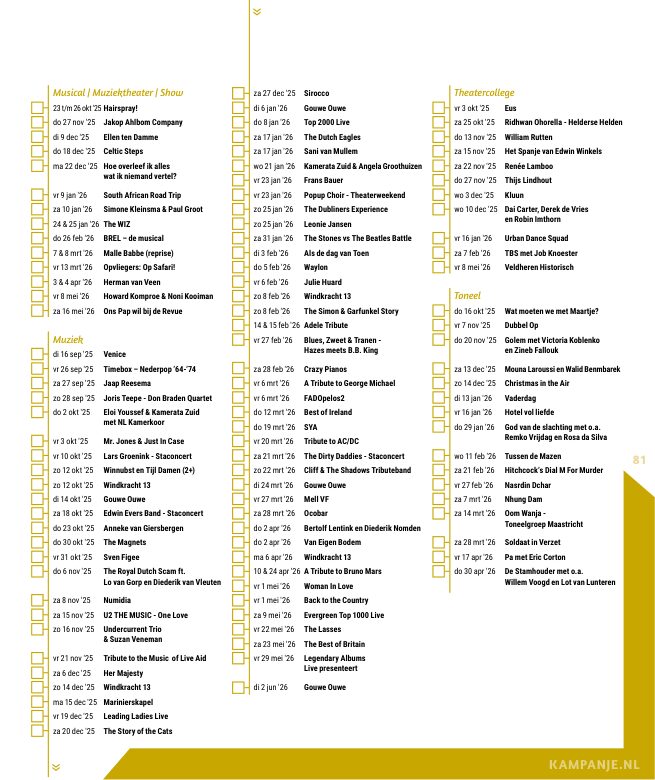 Ron van Noord — Grafisch ontwerp, DTP, Visuele campagnes, Visual design, Content + campagnes — Theater De Kampanje — Theatergids 2025–2026 — Beeld: Magazinepagina 81 — Project: Een feestelijke jubileumeditie van de jaarlijkse theatergids, met Jochem Myjer op de cover en 10 jaar De…