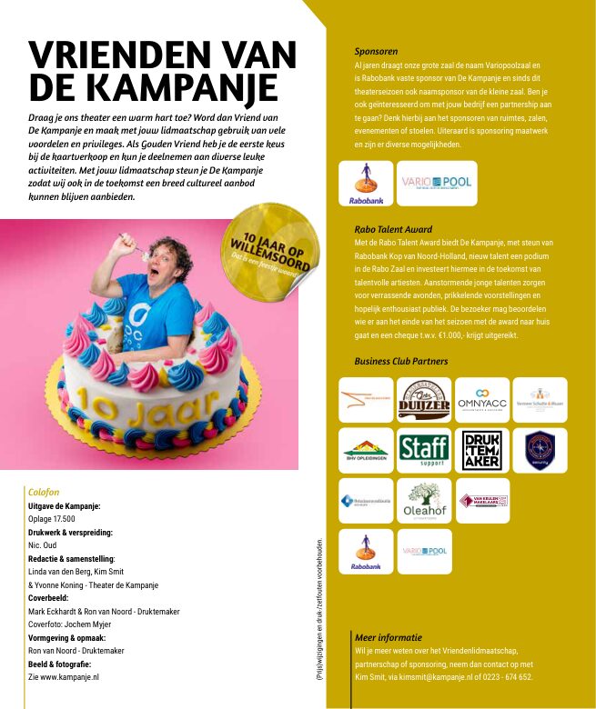 Ron van Noord — Grafisch ontwerp, DTP, Visuele campagnes, Visual design, Content + campagnes — Theater De Kampanje — Theatergids 2025–2026 — Beeld: Magazinepagina 82 — Project: Een feestelijke jubileumeditie van de jaarlijkse theatergids, met Jochem Myjer op de cover en 10 jaar De…