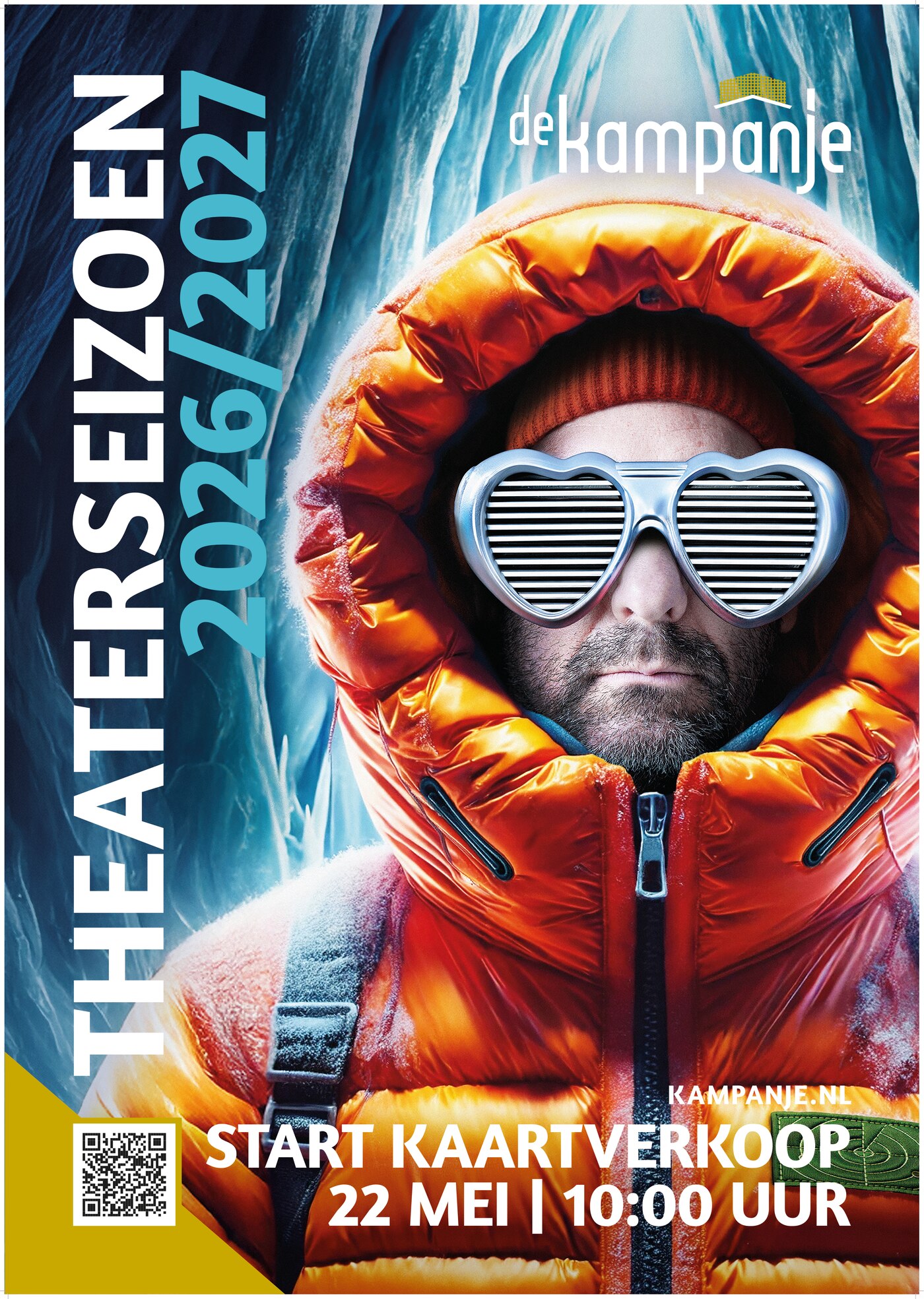 Ron van Noord — Grafisch ontwerp, DTP, Visuele campagnes, Visual design, Content + campagnes — Theater De Kampanje — Theatergids 2026–2027 — Beeld: Straatposter voor theaterseizoen 2026–2027 — uitvoering 1 — Project: Een energieke theatergids en straatcampagne voor seizoen 2026–2027, met meerdere opvallende…