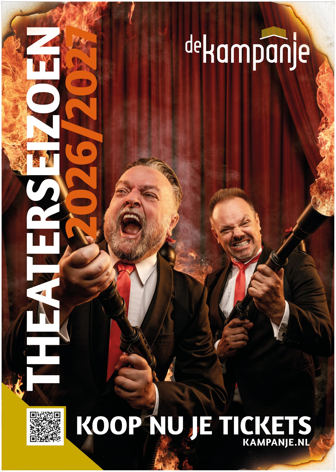 Ron van Noord — Grafisch ontwerp, DTP, Visuele campagnes, Visual design, Content + campagnes — Theater De Kampanje — Theatergids 2026–2027 — Beeld: Straatposter voor theaterseizoen 2026–2027 — uitvoering 2 — Project: Een energieke theatergids en straatcampagne voor seizoen 2026–2027, met meerdere opvallende…