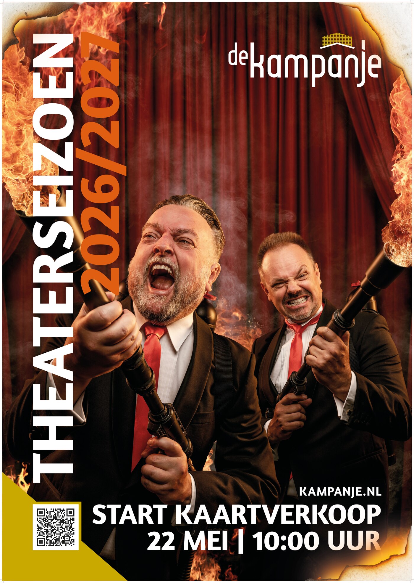 Ron van Noord — Grafisch ontwerp, DTP, Visuele campagnes, Visual design, Content + campagnes — Theater De Kampanje — Theatergids 2026–2027 — Beeld: Straatposter voor theaterseizoen 2026–2027 — uitvoering 3 — Project: Een energieke theatergids en straatcampagne voor seizoen 2026–2027, met meerdere opvallende…