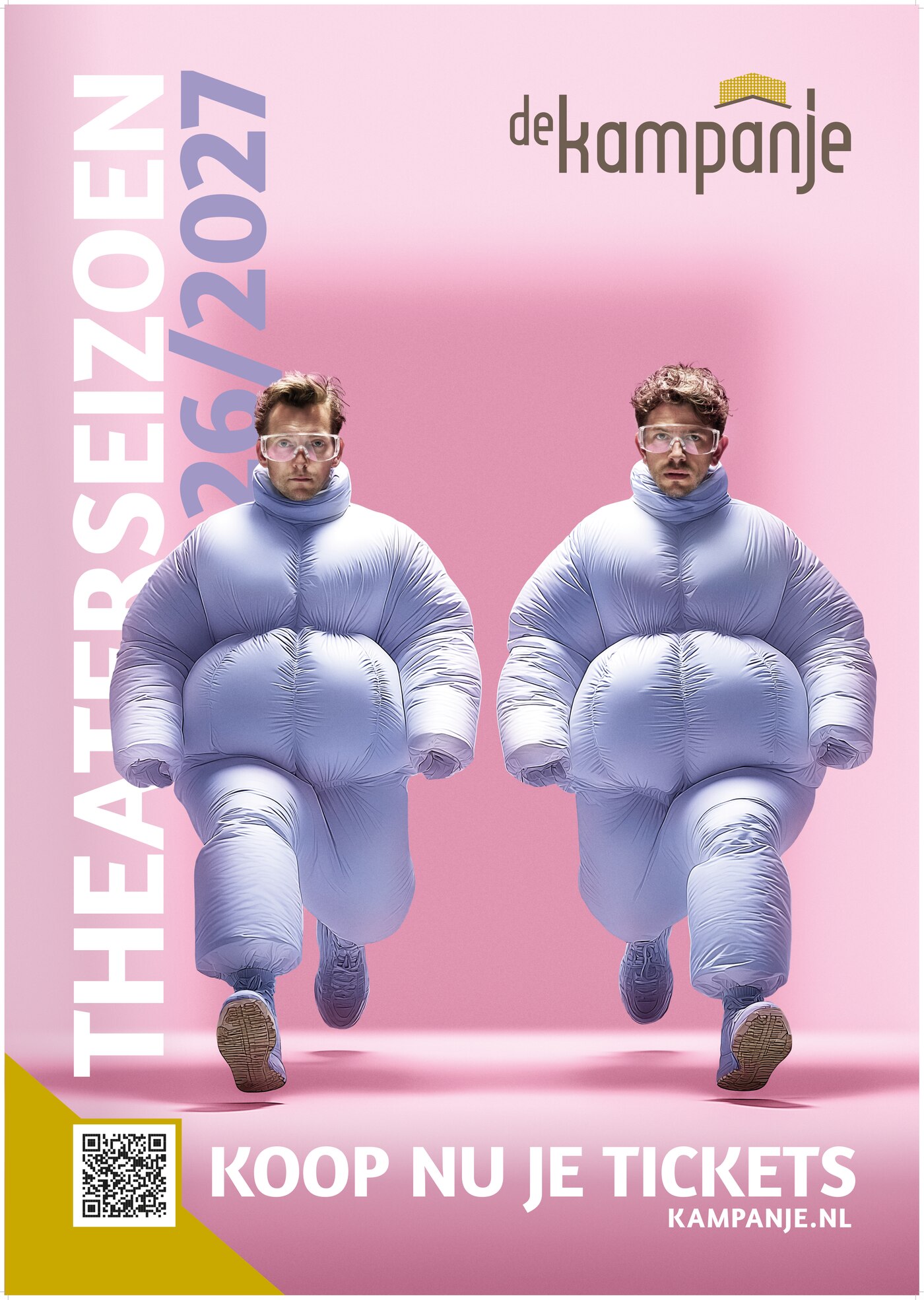 Ron van Noord — Grafisch ontwerp, DTP, Visuele campagnes, Visual design, Content + campagnes — Theater De Kampanje — Theatergids 2026–2027 — Beeld: Straatposter voor theaterseizoen 2026–2027 — uitvoering 4 — Project: Een energieke theatergids en straatcampagne voor seizoen 2026–2027, met meerdere opvallende…
