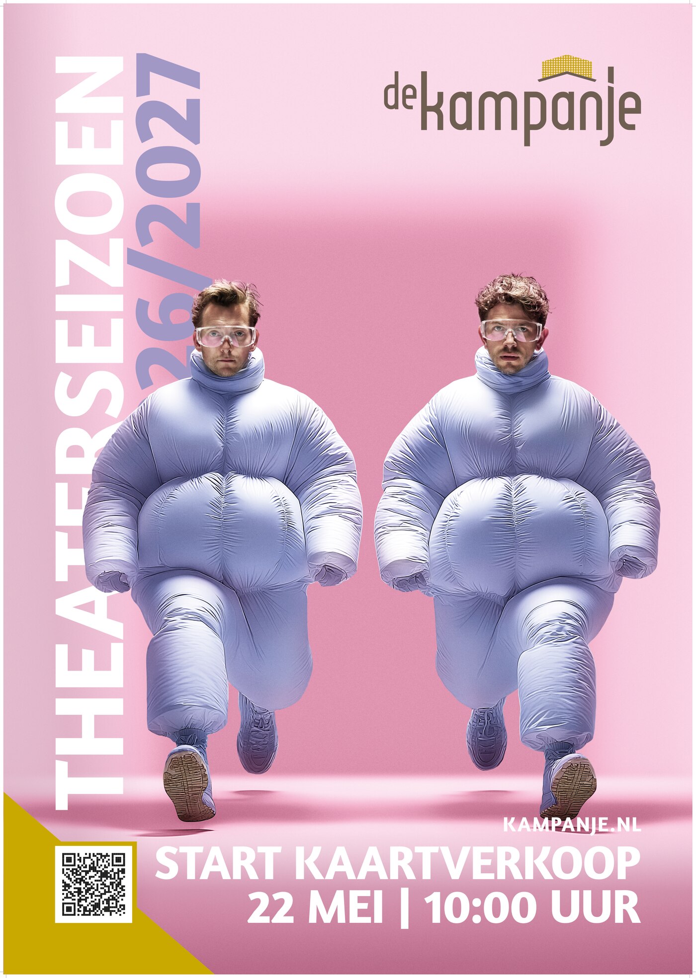 Ron van Noord — Grafisch ontwerp, DTP, Visuele campagnes, Visual design, Content + campagnes — Theater De Kampanje — Theatergids 2026–2027 — Beeld: Straatposter voor theaterseizoen 2026–2027 — uitvoering 5 — Project: Een energieke theatergids en straatcampagne voor seizoen 2026–2027, met meerdere opvallende…