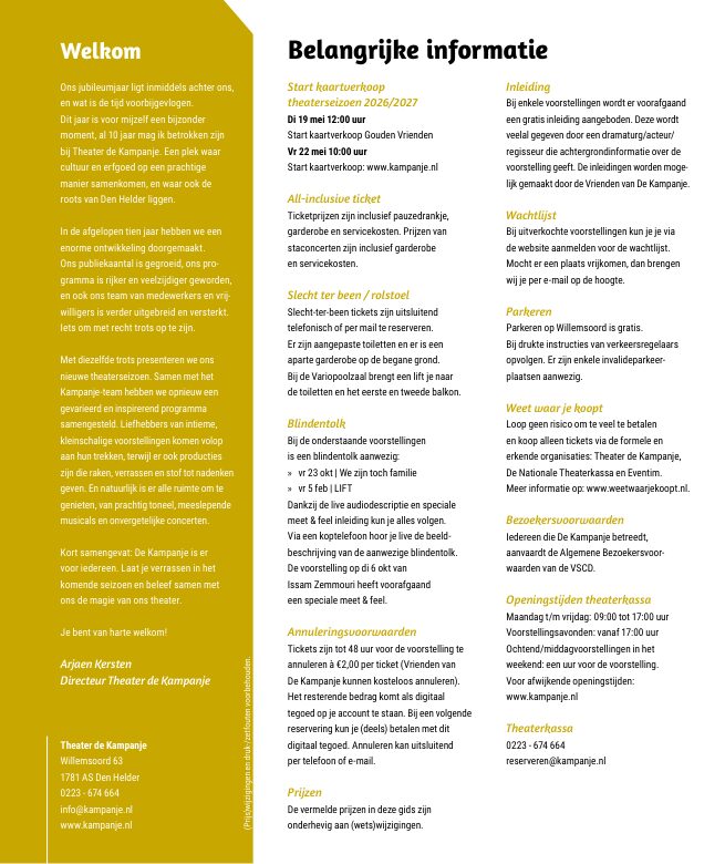 Ron van Noord — Grafisch ontwerp, DTP, Visuele campagnes, Visual design, Content + campagnes — Theater De Kampanje — Theatergids 2026–2027 — Beeld: Magazinepagina 3 — Project: Een energieke theatergids en straatcampagne voor seizoen 2026–2027, met meerdere opvallende…