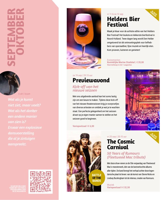 Ron van Noord — Grafisch ontwerp, DTP, Visuele campagnes, Visual design, Content + campagnes — Theater De Kampanje — Theatergids 2026–2027 — Beeld: Magazinepagina 4 — Project: Een energieke theatergids en straatcampagne voor seizoen 2026–2027, met meerdere opvallende…