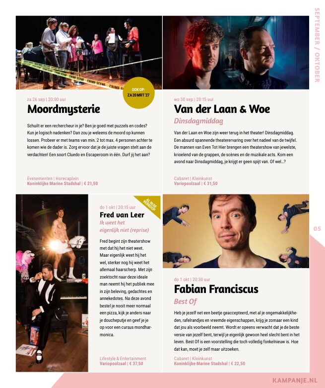Ron van Noord — Grafisch ontwerp, DTP, Visuele campagnes, Visual design, Content + campagnes — Theater De Kampanje — Theatergids 2026–2027 — Beeld: Magazinepagina 5 — Project: Een energieke theatergids en straatcampagne voor seizoen 2026–2027, met meerdere opvallende…