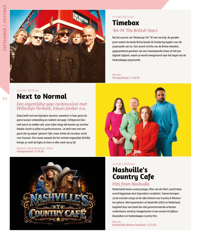 Ron van Noord — Grafisch ontwerp, DTP, Visuele campagnes, Visual design, Content + campagnes — Theater De Kampanje — Theatergids 2026–2027 — Beeld: Magazinepagina 6 — Project: Een energieke theatergids en straatcampagne voor seizoen 2026–2027, met meerdere opvallende…