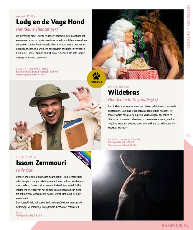 Ron van Noord — Grafisch ontwerp, DTP, Visuele campagnes, Visual design, Content + campagnes — Theater De Kampanje — Theatergids 2026–2027 — Beeld: Magazinepagina 7 — Project: Een energieke theatergids en straatcampagne voor seizoen 2026–2027, met meerdere opvallende…